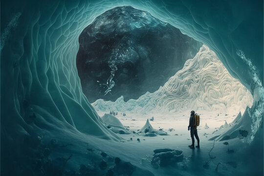 Frozen Cave And Wanderer In Ice Wasteland