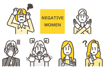 Avatar icons set of women with negative facial expressions [Vector illustration].