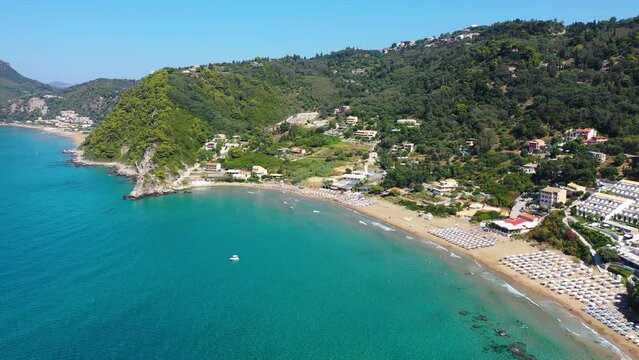 Aerial drone view over Pelekas Kontogialos beach. Corfu, Greece. View of Beach of Kontogialos, Pelekas, Corfu, Greece.
