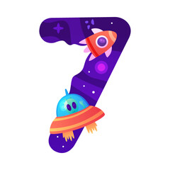 Space Number Seven as Cosmic Numeral with Rocket and Ufo Shuttle Vector Illustration