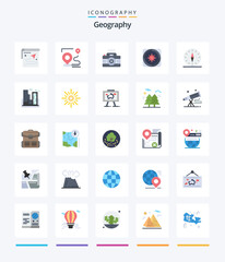 Creative Geo Graphy 25 Flat icon pack  Such As polution. factory. picture. travel. direction