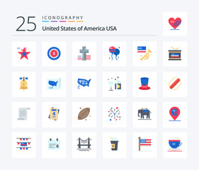 Usa 25 Flat Color icon pack including american. speaker. cross. flag. fly