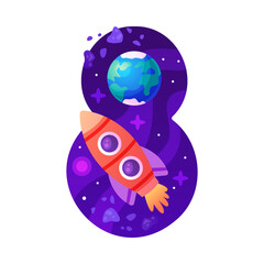 Space Number Eight as Cosmic Numeral with Rocket Vector Illustration