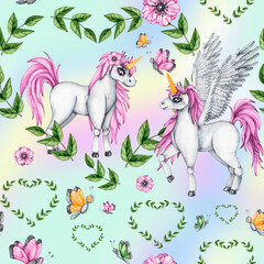 Watercolor pattern with unicorns on a rainbow background