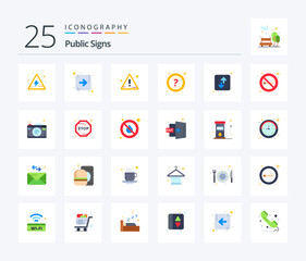 Public Signs 25 Flat Color icon pack including up. down. warning. direction. support