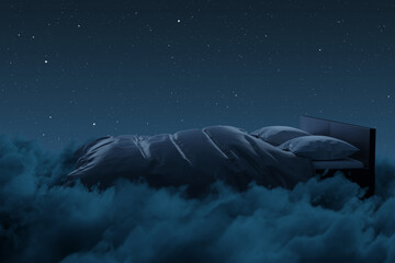 3D rendering of cozy bed over fluffy clouds at night