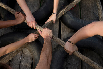 Group of people enjoying team building activities at lagoon of Pacchen near Cob, in Quintana Roo, Mexico