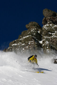 A skier enjoys deep powder near Kirkwood, California.