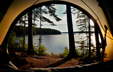 Lake view from inside of a tent. Generative AI.