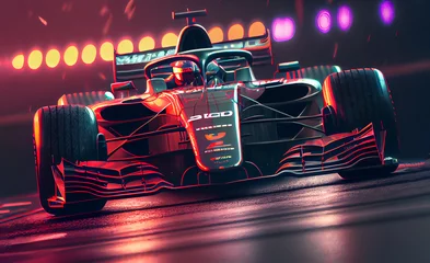 Poster Racing for open-wheel single-seater racing car on neon lights street background. Generative AI. © Windawake