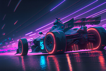 Racing for open-wheel single-seater racing car on neon lights street background. Generative AI. - obrazy, fototapety, plakaty