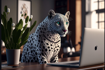 Jaguar responsável olhando para sua tela de computador. Generative AI. - obrazy, fototapety, plakaty