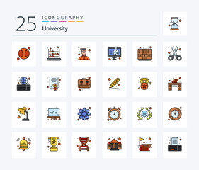 University 25 Line Filled icon pack including sports lockers. science. bachelor. online. experiment
