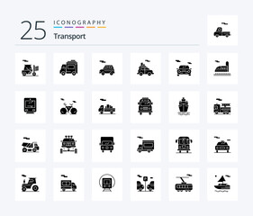 Transport 25 Solid Glyph icon pack including travel. transport. car. train. transport
