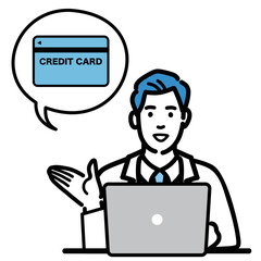 ラップトップの前でクレジットカードの説明をしている白衣を着た若い男性医師
