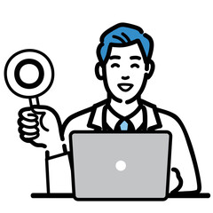 ラップトップの前でマルの札を持っている白衣を着た若い男性医師
