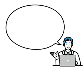 ラップトップの前で吹き出しで提案をしている白衣を着た若い男性医師
