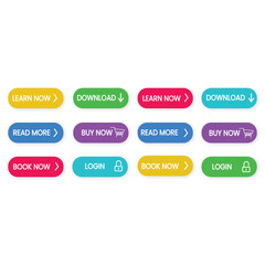 Set of vector different colors web buttons. Flat minimalist buttons with color shadows for website, apps, ui, games.