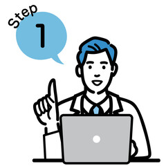 ステップ1　ラップトップの前で工程を説明する白衣を着た若い男性医師
