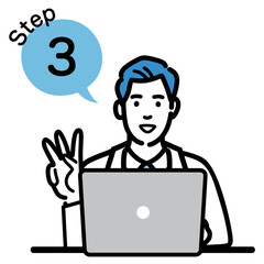 ステップ3　ラップトップの前で工程を説明する白衣を着た若い男性医師
