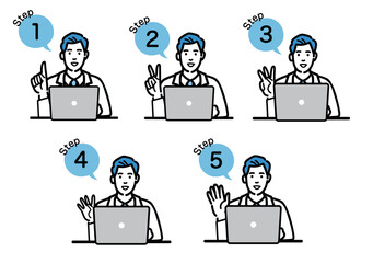 ラップトップの前で工程を説明する白衣を着た若い男性医師のセット
