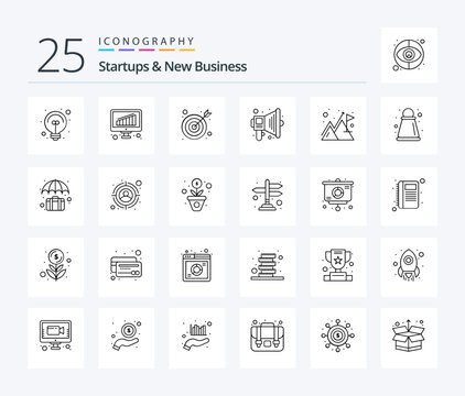 Startups And New Business 25 Line icon pack including path. mountain. goal. flag. speaker