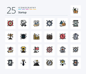 Startup 25 Line Filled icon pack including flip. date. care. clock. protection