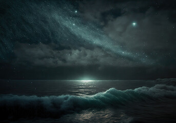Fototapeta na wymiar ocean in the night with beautiful stars created with Generative AI technology