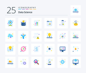 Data Science 25 Flat Color icon pack including check list. graph. server. web. analytics