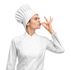 Female chef showing perfect sign on white background