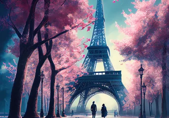 Stoff pro Meter beautiful paris painting with pink blossoms created with Generative AI technology © Robert Herhold