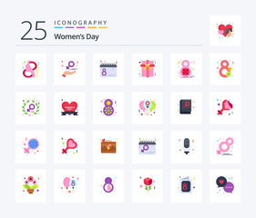 Womens Day 25 Flat Color icon pack including present. box. love. date. plan