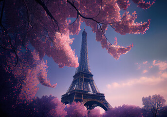 beautiful paris painting with pink blossoms created with Generative AI technology