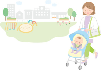 赤ちゃんをベビーカーに乗せてお出かけする若いママ