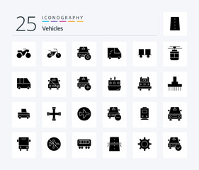 Vehicles 25 Solid Glyph icon pack including tram. air. van. lift truck. forklift
