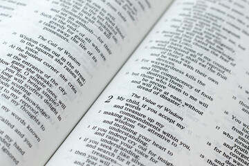 Value of wisdom verse, proverbs bible book, a closeup.