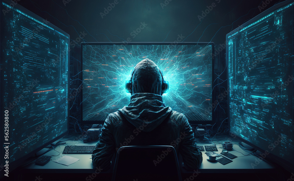 Poster hacker works in dark room, man uses computer with futuristic monitors, generative ai