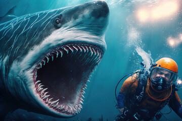 Shark attacks scuba diver underwater, open mouth with great teeth, horror, generative AI - obrazy, fototapety, plakaty