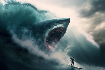 Shark attacks surfer in water, open mouth with great teeth, horror, generative AI