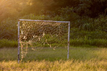 Empty soccer football  goal net on the field. Brazil