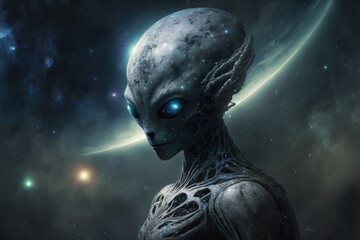 Grey alien from deep space, portrait of extraterrestrial humanoid on planet background, concept of ufo, x, paranormal, night