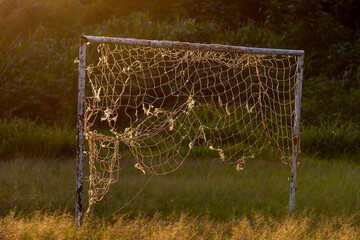 Empty soccer football  goal net on the field. Brazil