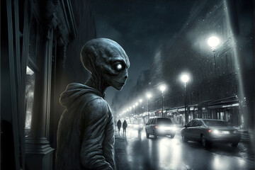 Grey alien from deep space on city street, extraterrestrial humanoid at night, generative AI.