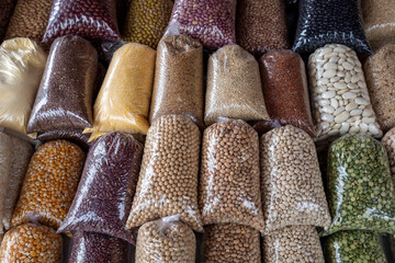 Various types of grains sold at a traditional street fair in the city of São Paulo, Brazil,