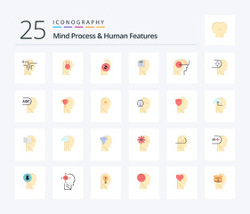 Mind Process And Human Features 25 Flat Color icon pack including data. memory. user. up. knowledge