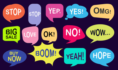 A set of comic bubbles and elements, speech baloon with diferrent text, set of comic speech bubbles on paper background