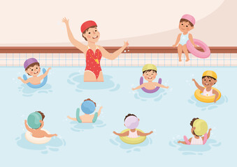 Children in Swimming Pool with Woman Coach Teaching Them Vector Illustration