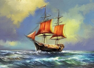 Old ship in the sea. Oil paintings landscape, fine art, artwork.