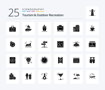 Tourism And Outdoor Recreation 25 Solid Glyph icon pack including cup. service. hotel. home. hotel