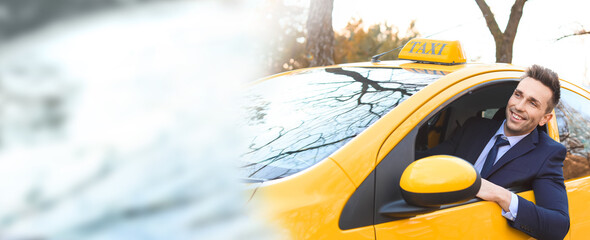 Handsome man driving taxi car. Banner for design © Pixel-Shot